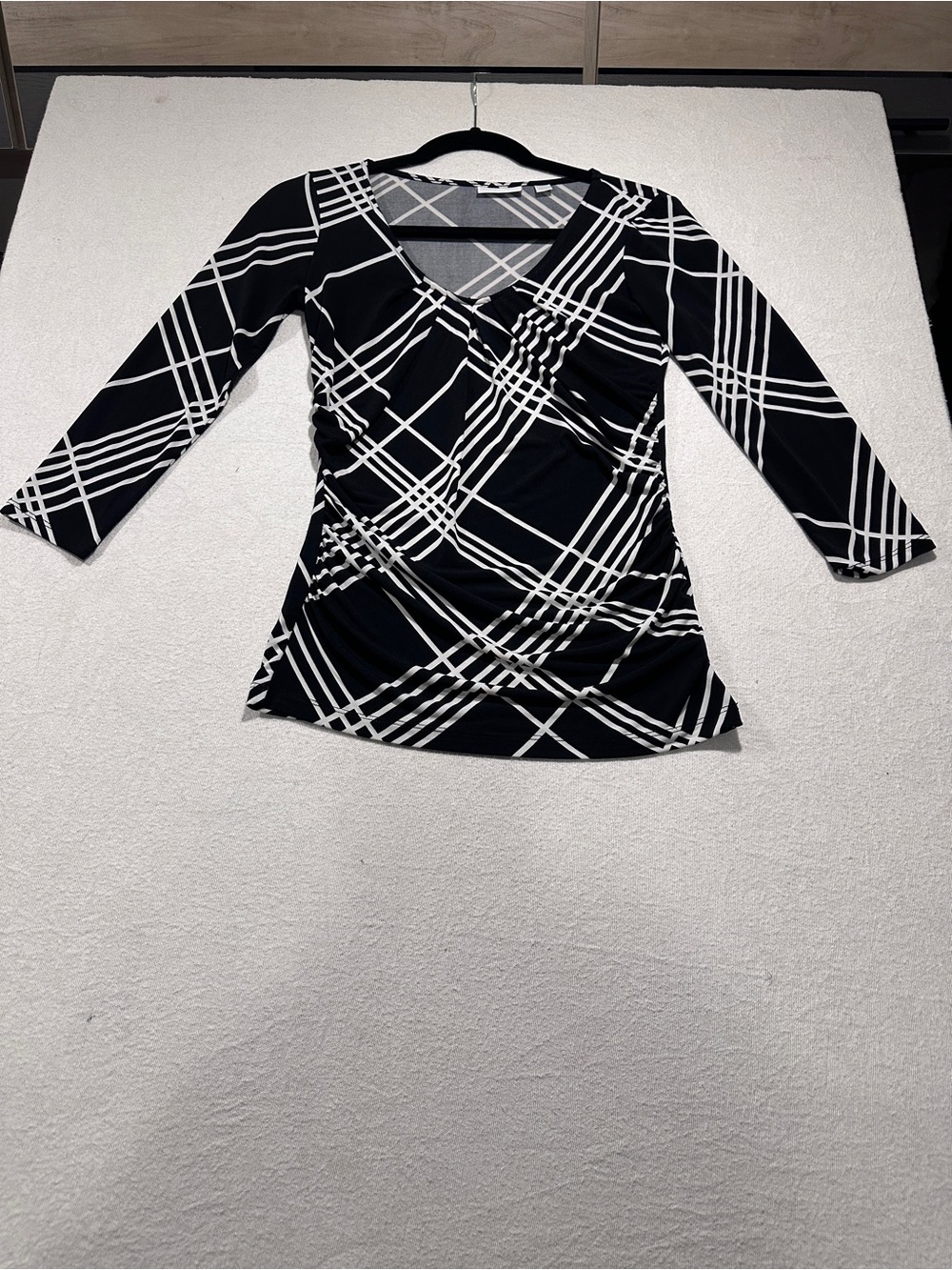 New York & Company Black and White Plaid Wrap-Style Long Sleeve Top